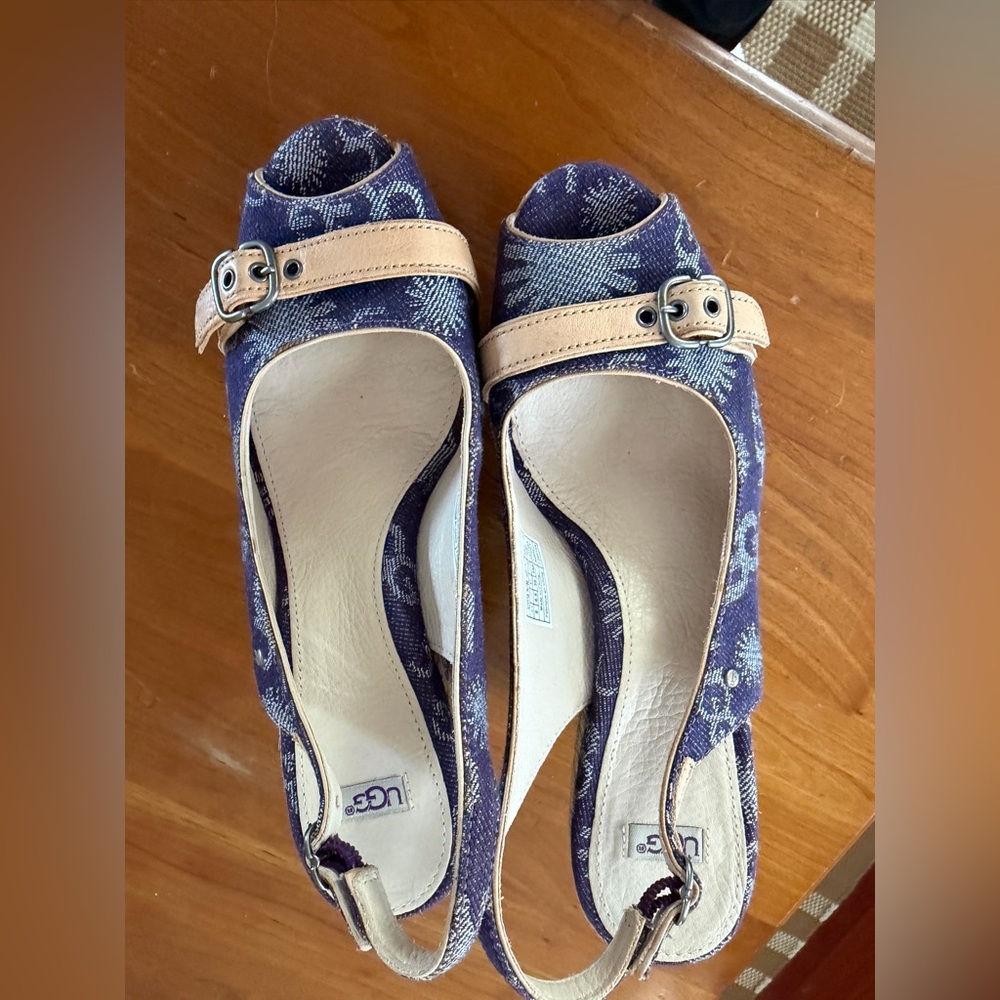 UGG Blue Patterned Slingback Wedges with Tan Strap